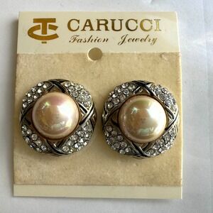 Vintage Clip On Earrings Carucci Swirl Faux Pearl Puffy GoldTone Statement Large